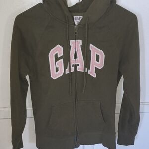 GAP Olive Green Zip-Up Hoodie with Pink Logo